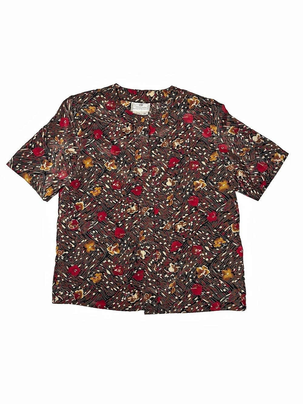 Worthington Essentials Floral Short Sleeve Top Brown Red Size 12